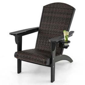 Ergonomic Black Rattan Outdoor Adirondack Padded Seat Chair w/ Cup Holder