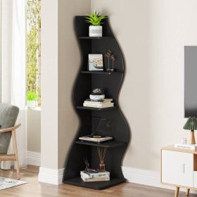Modern 5 Shelf Corner Bookcase in Black Wood Finish