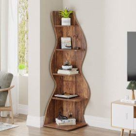Modern Wave Shape 5 Shelf Corner Bookcase in Brown Wood Finish