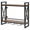 Industrial Rustic Brown Wood Metal 2 Tier Wall Mounted Wine Rack