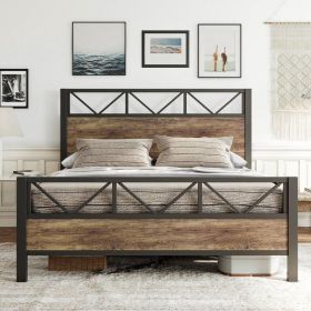 King Vintage Industrial Metal Wood Platform Bed Frame with Headboard Footboard