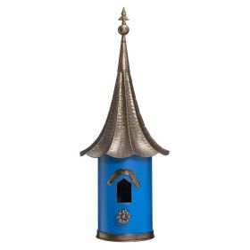 Outdoor Teal Blue Metal Birdhouse with Vintage Bronze Phonograph Style Roof