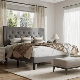 Queen Grey Linen Upholstered Platform Bed Frame with Button-Tufted Headboard