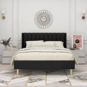 Queen size Mid-Century Black Linen Platform Bed Frame with Upholstered Headboard