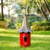 Outdoor Red Metal Bird House with Vintage Bronze Phonograph Style Roof