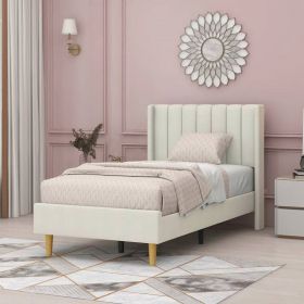Twin size Mid-Century Platform Bed Frame with Cream Velvet Upholstered Headboard