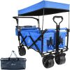 Collapsible Wagon Heavy Duty Folding Wagon Cart with Removable Canopy, 4" Wide Large All Terrain Wheels, Brake, Adjustable Handles