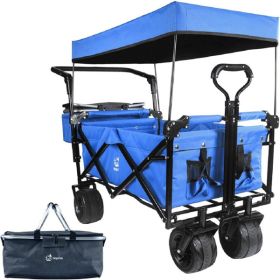 Collapsible Wagon Heavy Duty Folding Wagon Cart with Removable Canopy, 4" Wide Large All Terrain Wheels, Brake, Adjustable Handles