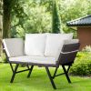 Outdoor Sofa, Woven Rattan Patio Furniture, Convertible Daybed or Double Chair with Adjustable Armrests, Cushions and Pillows for Yard Porch Pool