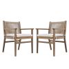 Outdoor Dining Chairs Set of 2, Acacia Wood Patio Armchair with Rope Design Back and Water Repellent Cushion, Light Brown, 400lbs Weight Capacity