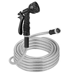 25FT/50FT/100FT Heavy Duty Stainless Steel Garden Hose Garden Watering Kit Metal Water Hose with 2 Nozzles 12 Patterns Flexible Extendable Kink Tangle (Option: 25FT)