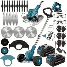 Cordless Electric Weed Wacker Portable Grass Trimmer with 3 Blade Types and 2 High Capacity Batteries Powerful Lawn Mower for Garden Yard Lawn Mainten (Color: Blue)